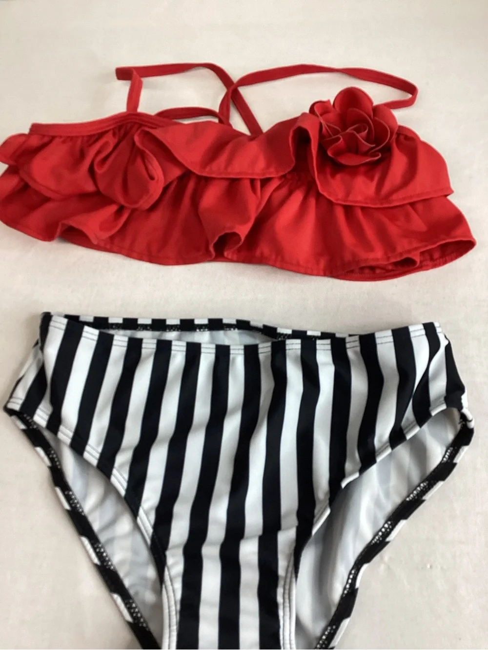 Kids Red Ruffle Bikini Top and Black-White Striped Bottom Set